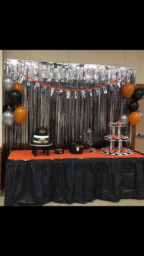 Motorcycle Themed Birthday Party For Men, Biker Party Decorations, Harley Davidson 60th Birthday Party, Harley Davidson 50th Birthday Party, Motorcycle Party Ideas For Men, Biker Theme Party, Harley Davidson Party Ideas, Harley Davidson Birthday Party, Harley Davidson Party Theme