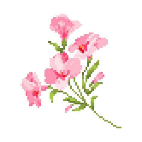 Flowers Icon, Pink Flowers, White Background, Cross Stitch, Flowers, Green, Pattern, Pink, White