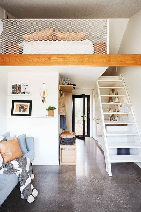 This adorable tiny home was created in a disused backyard shed | Home Beautiful Magazine Australia Shed Homes Ideas, Homes Ideas, Shed Home, Shed To Tiny House, Tiny House Loft, House Loft, House Shed, Backyard Shed, Modern Tiny House