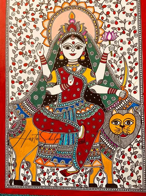 Handpainted Mithila painting Nav Durga Madhubani Painting, Maa Durga Madhubani Painting, Navdurga Madhubani Painting, Durga Maa Madhubani Painting, Madhubani Durga Painting, Nav Durga Painting, Durga Madhubani Painting, Nava Durga, God Drawings