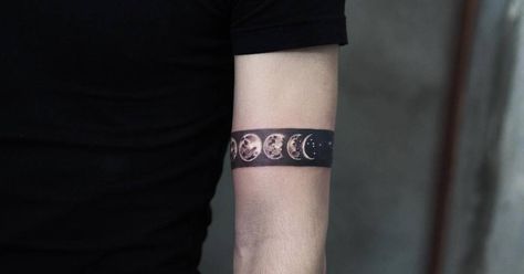 Tattoo Moon Phases, Wrist Band Tattoo, Left Arm Tattoos, Tattoo Band, Moon Phases Tattoo, Tattoo Moon, Planet Tattoos, Bicep Tattoo, Small Arm Tattoos