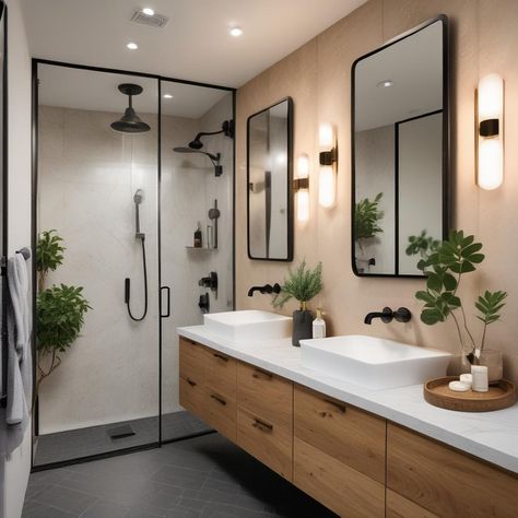 🛁✨ Modern & cozy bathroom vibe! Wood vanity floats above the floor, has double sinks, & black faucets. 🪞 Twin mirrors anchor the space. Globe lights add a warm glow + brass touch. 🌱 Green pops in a vase. Peek at the glass-door shower! 🚿 Simple, stylish, & functional. #BathroomGoals #ModernHome
#odastudioAI #odaAIstudio #odastudio
#bathroomdesign
#bathroomdecor
#bathroomideas
#bathroominspiration
#modernbathroom
#bathroomstyle
#bathroomvanity
#bathroomremodel
#masterbathroom
#luxurybathroom

odastudioai
Oda AI studio