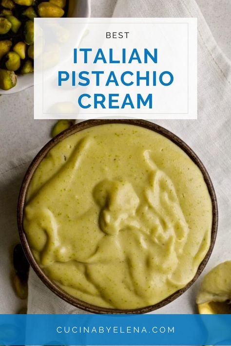 Pistachio cream on a small bowl. Pistachio Pastry Cream Recipe, Italian Pistachio Dessert, Pistachio Creme Recipes, Pistachio Creme Patisserie, Pistachio Cremeux Recipe, What To Do With Pistachio Cream, Pistachio Sauce Desserts, Homemade Pistachio Cream, Diy Pistachio Cream