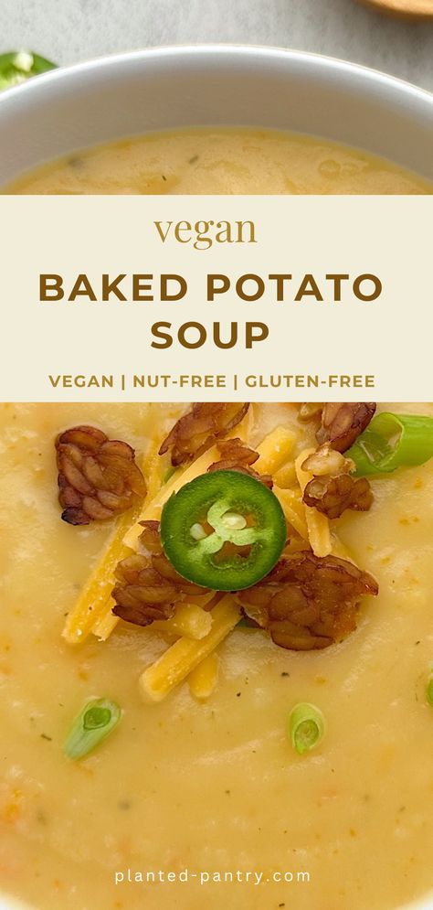 Enjoy this vegan twist on a classic. All of the flavors of loaded baked potato soup without the dairy. This soup is sure to satisfy. Vegan Loaded Baked Potato, Vegan Baked Potato, Vegan Potato Soup, Easy Vegan Soup, Vegan Pot Pies, Cheesy Potato Soup, Loaded Potato Soup, Vegan Baked, Loaded Baked Potato Soup