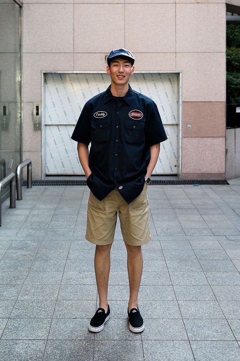 Dickies Work Shirt Outfit Men, Dickies Shirt Outfits Men, Work Shirt Outfit, Dickies Outfits Men, Dickies Outfit, Japanese Street Fashion Men, Nike Watch, Japanese Summer, Shirt Outfit Men