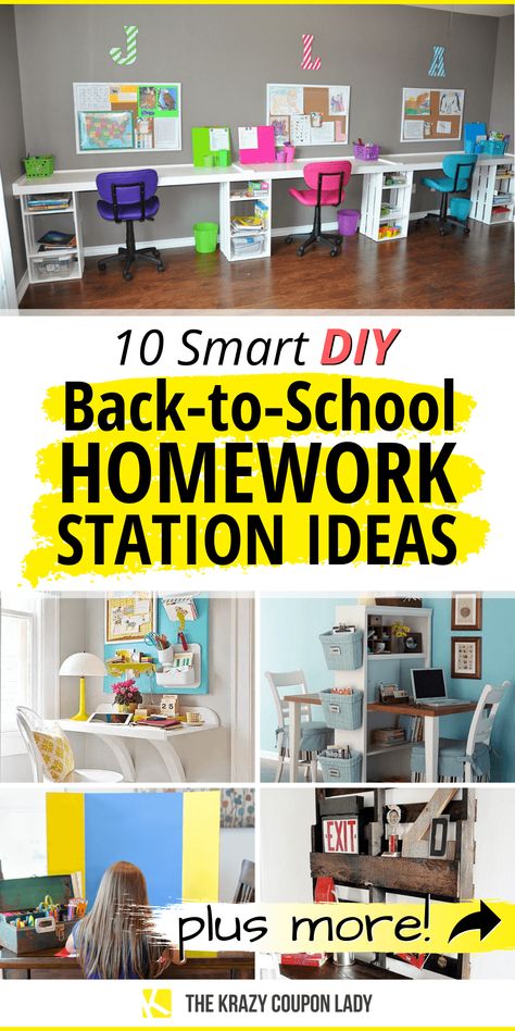 Wondering how to make an easy DIY homework station for your child? Does the thought of your kids back to school homework make you cringe? Kids get distracted by, well, everything when it’s time to do homework. Keep distractions at bay with these budget-friendly homework stations that’ll give each child everything they need within reach. The Krazy Coupon Lady brings you the best in cheap DIY ideas & DIY organization! #backtoschoolideas #diyprojects #homeworkstation Kids Homework Organization, Homework Station Diy, Kids Study Room Ideas, Kids Homework Area, Diy Homework Station, Homework Station Ideas, Kids Homework Station, Homework Space, Homework Area