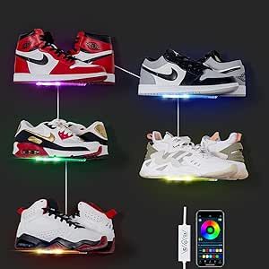 Nike Shoe Display, Floating Shoe Shelves, Floating Shoe Display, Color Changing Shoes, Shelves Display, Shoe Wall, Shoe Shelves, Shoe Display, Rgb Color