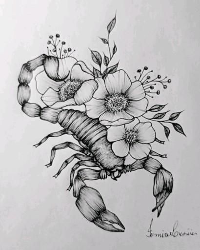 Scorpion Tattoo With Flowers, Scorpion With Flowers Tattoo, Scorpion Flower Tattoo, Scorpion Drawing, Scorpio Zodiac Tattoos, Catrina Tattoo, Horoscope Tattoos, Armband Tattoos, Scorpio Tattoo