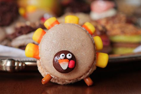 Thanksgiving Themed Holiday Macarons: Caramel Apple Macarons, Chocolate Acorns, and Chocolate Peanut Butter Candy Corn Turkeys Turkey Macarons, Thanksgiving Macarons, Apple Buttercream, Apple Macarons, Chocolate Acorns, Holiday Macarons, Macarons Chocolate, Whipped Chocolate Ganache, Thanksgiving Candy