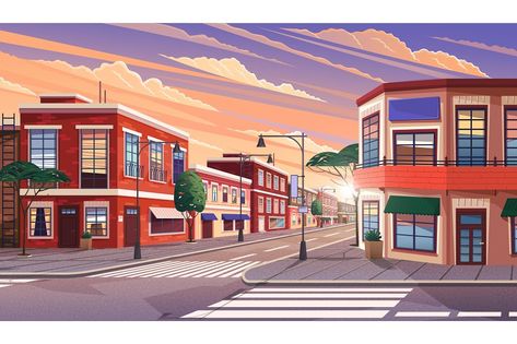 Street of town at morning. Cityscape with old apartment houses and trees on crossroad. Cartoon vector illustration of historic urban area. City street with vintage houses building. Old urban landscape Cartoon Town, Town Drawing, Street Background, Vintage Houses, House Cartoon, Old Apartments, City Cartoon, Motion Graphics Inspiration, City Background