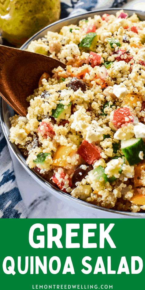 Quinoa Salad is a deliciously versatile side dish, and this Greek version is always a crowd favorite. Packed with tomatoes, cucumbers, bell peppers, kalamata olives, feta cheese, and more... it's a flavor explosion in every bite and perfect for your next get together! Veggie Lunches, Greek Salads, Greek Quinoa, Summertime Food, Salty Recipes, Greek Quinoa Salad, Green Stuff, Pasta Salads, Yummy Salad Recipes