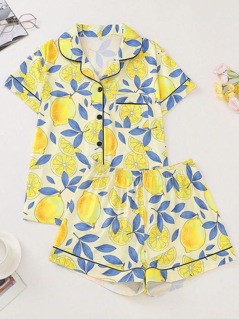 Fruit Lemon Print Women's Pajama Set, Turn-Down Collar Short Sleeve Top And Loose Shorts, Casual Women's Sleepwear And LoungewearI discovered amazing products on SHEIN.com, come check them out! Sleepwear Women Pajamas, Lapel Top, Women's Sleepwear, Lemon Print, Loungewear Women, Shorts Casual, Womens Pyjama Sets, Sleepwear Sets, Sleepwear & Loungewear