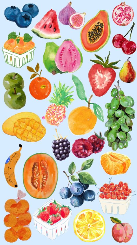 Fruta Summer Fruit Wallpaper, Conversational Prints, Fruit Wallpaper, Wallpaper For Iphone, Fruit Illustration, Fruit Painting, Cute Patterns Wallpaper, Art Collage Wall, Scrapbook Journal