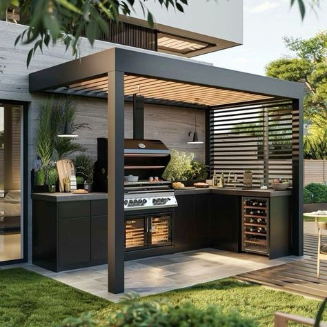 Small Garden Outdoor Kitchen, Modern Black Backyard, Pergola Outside Kitchen, Small Outdoor Barbeque Area, Small Backyard Outdoor Kitchen Ideas, Small Patio With Grill, Small Backyard Kitchen, Modern Backyard Kitchen, Summer Kitchen Outdoor