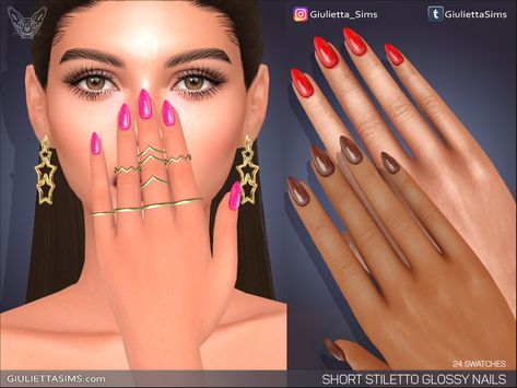 Sims 4 Nails, Glossy Nails, Short Stiletto, Sims 4 Tattoos, Makeup Cc, Sharp Nails, Sims Games, Kids Earrings, Electronic Art