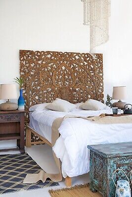 Teak Wood Wall Art Hanging, Balinese Mounted Bed Headboard in Brown, 72 inches  | eBay Bali Cabin, Amazing Headboards, Spanish Modern Bedroom, Headboard Alternative Ideas, Modern Balinese Interior, Rajasthani Interior Design, Balinese Bedroom, Boho Headboards, Medditeranean Style Home