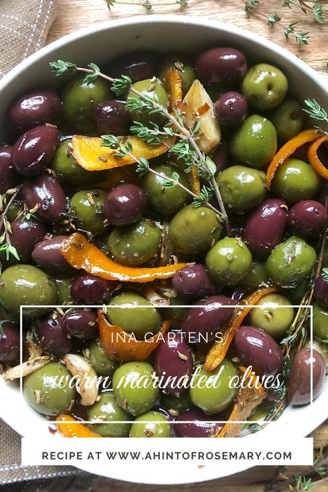 ina garten’s warm marinated olives – a hint of rosemary Warm Marinated Olives, 3 Ingredient Pasta, Marinated Olives Recipe, Olive Garden Recipe, Facebook Hack, Olive Appetizer, Marinated Olives, Cookies Gluten Free, Ina Garten Recipes