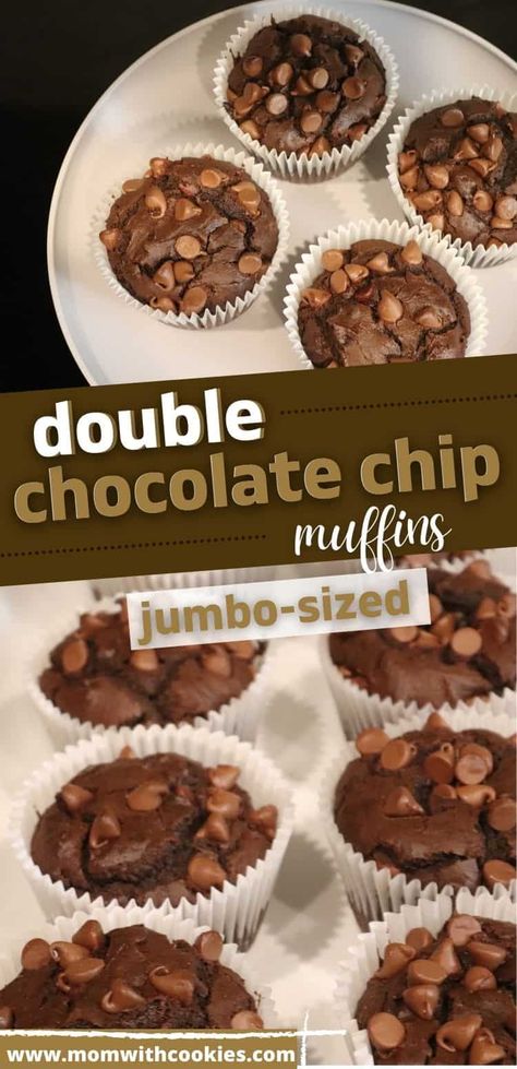 These jumbo sized double chocolate chip muffins are so delicious and easy to make. | bakery style double chocolate chip muffins | chocolate muffins | jumbo chocolate muffins Jumbo Chocolate Chip Muffins, Amazing Muffins, Jumbo Muffin Recipes, Butterscotch Muffins, Easy Muffin Recipes, Chocolate Chip Muffins Easy, Muffins Chocolate, Double Chocolate Chip Muffins, Chocolate Chip Muffin Recipe