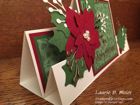 Stamped Greetings – Page 2 – One Stamp Set – Three Designs – Endless Possibilities Double Easel Card, Sample Christmas Cards, Side Step Card, Christmas Angel Crafts, Christmas Card Sayings, Poinsettia Cards, Fancy Fold Card Tutorials, Stamped Christmas Cards, Fun Folds