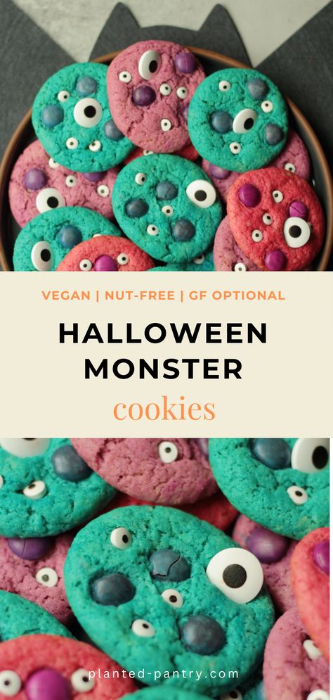 These Allergy-Friendly Halloween Monster Cookies are vegan, nut-free, and easy to make gluten-free. They're a scary-FUN treat for everyone to enjoy! Tree Nut Free Cookies, Halloween Monster Cookies, Allergy Friendly Halloween, Allergy Friendly Cookies, Nut Free Desserts, Banana Walnut Cake, Raspberry Thumbprint Cookies, Halloween School Treats, Vegan Pumpkin Spice