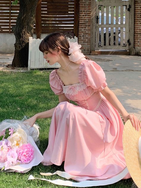 Fairycore Dress Aesthetic, Pink Fairycore Dresses, Pink Cottagecore Dress, Elegant Pink Victorian Spring Dress, Pink Fitted Victorian Dress With Ruffles, Pink Victorian Dress, Spring Fairycore Pink Dress, Pink Cottegcore Dress, Pink Fairycore Dress With Ruffles