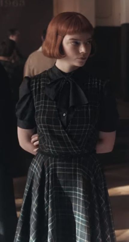 Pinafore Dress Black, Beth Harmon Outfits Aesthetic, Bernadette Banner Outfits, Beth Harmon Outfits, Bernadette Banner, Beth Harmon, Boring Work, Bow Shirt, Tv Fashion