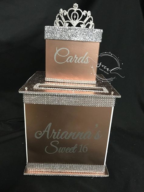 Custom Card Box, Diy Card Box, Sweet 16 Party Decorations, Money Box Wedding, Envelope Box, Gift Card Boxes, Rhinestone Tiara, Bling Wedding, Sweet 16 Parties