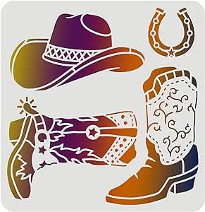 FINGERINSPIRE Cowboy Boots and Hat Stencil 11.8x11.8inch Reusable Cowboy Stencils Western Cowboy Stencils for Painting on Wood, Tile, Paper, Fabric, Floor and Wall Boho Kitchen Ideas, Western Prints, Family Reunion Shirts, Stencils For Painting, African Art Paintings, American Western, Paper Fabric, Stencil Template, Wood Tile