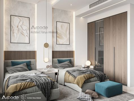 Modern Bedroom on Behance Two Beds In One Room Ideas Adults Modern, Modern 2 Beds Bedroom, Modern Bedroom 2 Beds, Modern Twin Bedroom Design, Two Single Beds In One Room Ideas Modern, 3beds In One Room, Modern Single Bedroom Design, 2beds In One Room, 2 Single Beds In One Room Ideas