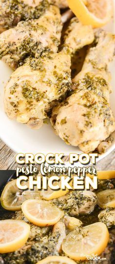 Crock Pot Pesto Lemon Pepper Chicken Legs: This slow cooker chicken legs recipe is so simple but flavorful and delicious. The lemon pepper subtly compliments the pesto flavor on the chicken drumsticks without overpowering it. This dish is in the crock pot in less than 5 minutes and is a perfect quick and easy recipe for weeknight family meals. Healthy Crockpot Pot Roast, Lemon Pepper Chicken Crockpot, Cooking Drumsticks, Crockpot Chicken Leg Recipes, Drumstick Chicken, Chicken Legs Recipe, Crock Pot Lasagna Recipe, Drumsticks Recipe, Recipe Crockpot