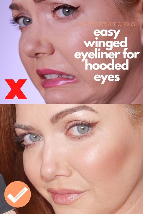 Easy technique for winged liner on hooded eyes from a professional makeup artist! This 8 minute video tutorial is also great for beginners and mature skin. | #girlgetglamorous #wingedliner #eyeliner #winged #liner #hooded #eyes #mature #beginner #makeup101 #makeup Liner On Hooded Eyes, Winged Eyeliner Hooded Eyes, Winged Liner For Hooded Eyes, Liner For Hooded Eyes, Hooded Eyes Tutorial, Cat Eye Tutorial, Cat Eye Eyeliner, Easy Winged Eyeliner, Liner Tutorial