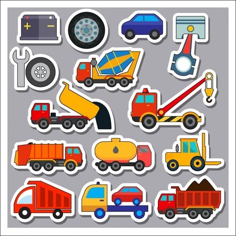 Transport vehicles stickers colelction F... | Free Vector #Freepik #freevector #car #sticker #truck #transport Car Stickers Printable, Construction Vehicles Printables, Construction Party Cakes, Charlie Brown Birthday Party, Birthday Photoshoot Ideas Boys, Cars Stickers, Transportation Birthday Party, Transport Vehicles, Transportation Birthday