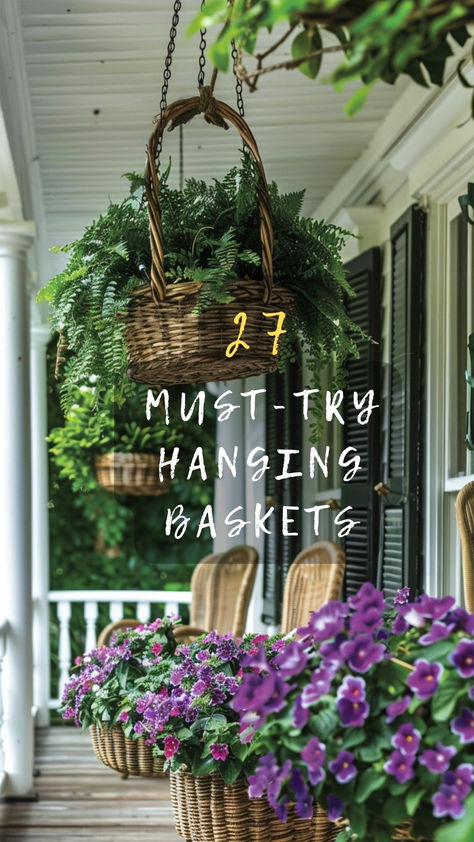 Dreaming of a porch makeover? Click for stunning hanging basket ideas that bring life and color to your outdoor areas. Discover how to choose and care for them! 🌼🏡 #PorchTransformation #ColorfulBaskets #OutdoorDecor #PlantCare #PorchLife Things To Hang On Front Porch, Hanging Baskets Porch Ideas, Hanging Baskets Porch, Mum Hanging Baskets, Fall Hanging Baskets Front Porches, Fall Hanging Basket Ideas, Best Plants For Hanging Baskets Indoor, Cottage Hanging Baskets, Hanging Door Basket With Flowers