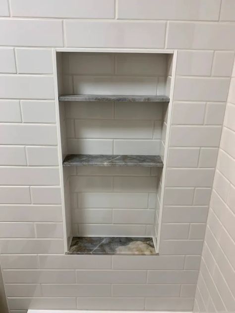 How to Put a Shelf in a Shower Niche! - Art Tile & Renovation Shower Niche With Shelf, Shower Wall Niche Ideas, Tile Shower Niche Ideas, Diy Shower Niche, Tile Shower Shelf, Wall Niche Ideas, Recessed Shower Shelf, Niche Shelves, Tile Shower Niche