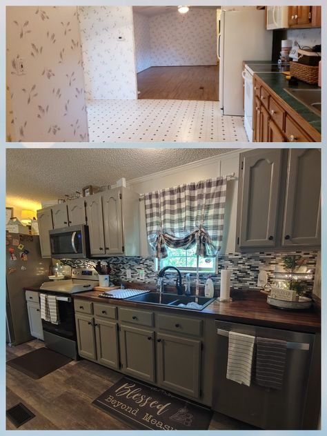 Mobile Home Farmhouse Remodel Kitchen, Mobile Remodel Single Wide, Trailer Kitchen Ideas Single Wide, Mobile Home Renovations Kitchen, Trailer Home Kitchen Remodel, Single Wide Farmhouse Decor, Small Kitchen Ideas Mobile Home Single Wide, Modular Homes Remodel, Manufactured Home Remodel Diy