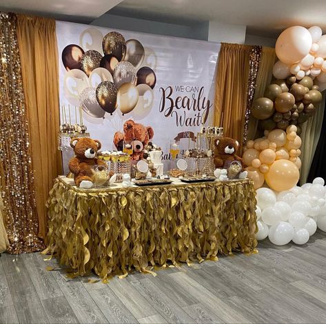 We Can Bearly Wait Baby Shower Backdrop, Shades Of Brown Baby Shower Decor, Brown Gender Reveal Ideas, Brown Bear Baby Shower Theme, Brown Baby Shower Dress, Brown Gender Reveal, Brown Baby Shower Ideas, Mama Bear Baby Shower, Barely Wait