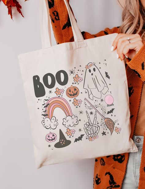 Halloween Tote Bag Trick or Treat Bag Halloween Trick or Treat - Etsy Cute Trick Or Treat Bags, Custom Trick Or Treat Bags, Canvas Bag Ideas, Zero Costume, Inktober Ideas, Nice Tattoos, Fall Tote Bag, Fall Tote, Kids Totes