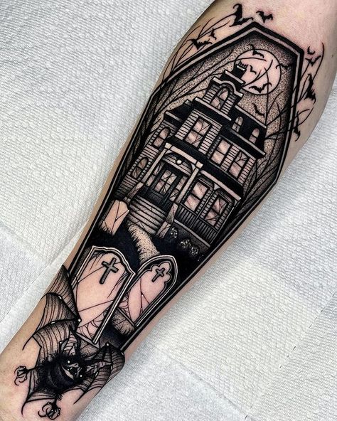 Dark Spooky Tattoos, Haunted House Tattoo, Fall Tattoos, Coffin Tattoo, Halloween Tattoos Sleeve, Pumpkin Tattoo, Autumn Tattoo, Inner Forearm Tattoo, Goth Tattoo