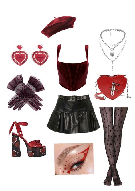 Queen Of Hearts Inspired Outfits Casual, Queen Of Heart Inspired Outfit, Queen Of Hearts Aesthetic Outfits, Red Performance Outfits, Queen Of Hearts Inspired Outfits, Queen Of Hearts Outfit, Hearts Birthday Party, Heart Outfit, Queen Outfit