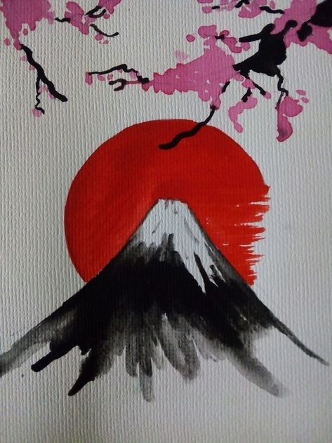 Japan Aesthetic Painting Easy, Chinese Art Simple, Japanese Easy Drawings, Acrylic Japanese Painting, Japan Easy Drawing, Japan Canvas Painting, Japan Sketch Drawings, Chinese Painting Easy, Painting Ideas Japanese