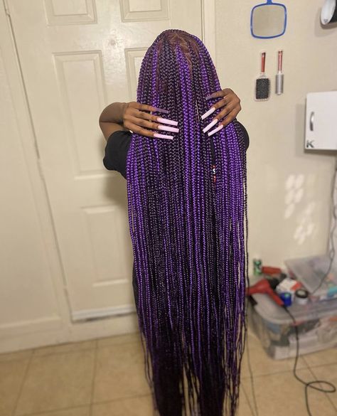 Ombre Purple Braids, Knotless Box Braids Purple, Purple Braided Hairstyles, Long Braids For Black Women With Color, Knotless Braids With Purple, Black And Purple Knotless Braids, Dark Purple Box Braids, Purple Clothing Aesthetic, Purple And Black Braids