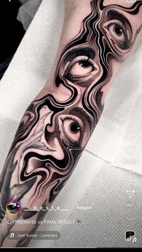 Eyeball Sleeve Tattoo, Tattoo Dark Work, Eye Tattoo Sleeve, Chaos Tattoo, Swirl Tattoo, Eyeball Tattoo, Geometric Sleeve Tattoo, Blackout Tattoo, Water Tattoo