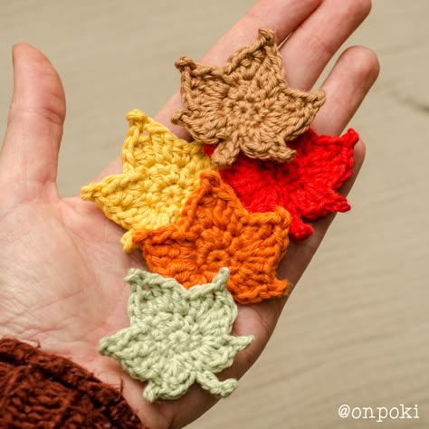 Crocheted Autumn Leaf - Free Pattern • onpoki Autumn Crochet Free Patterns, Crochet Ghosts, Leaf Crochet, Crochet Ghost, Crochet Autumn, Autumn Crochet, Crochet Leaf, Crochet Leaf Patterns, Fall Crochet