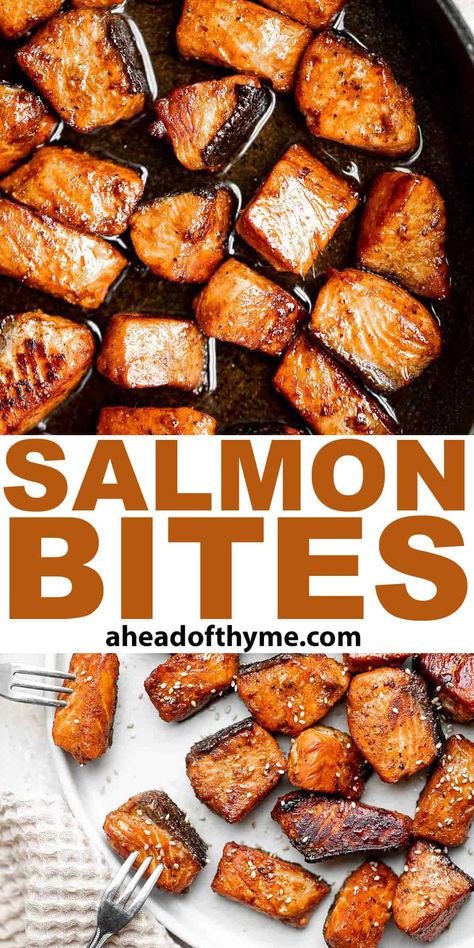 Salmon Snacks Appetizers, Pan Seared Salmon Bites, Seared Salmon Bites, Salmon Appetizer Recipes Finger Foods, Sauteed Salmon Bites, Baked Salmon Bites, Salmon Bits, Pasta Monday, Honey Garlic Salmon Bites