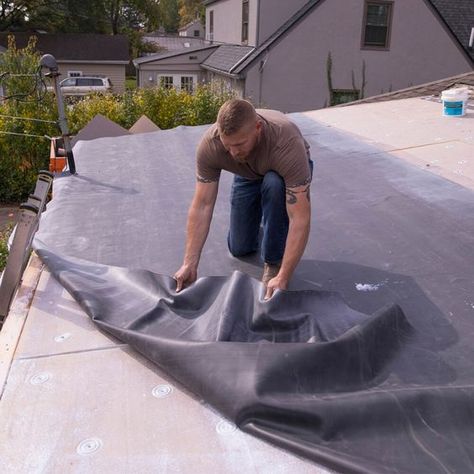 Used for replacemebt or repair of small flat roof projects: room additions, porch roofs, garages, breezeways, etc.. Quality commercial-grade, USA Made, 45 mil thick EPDM rubber membrane.. Long-lasting; highly resistant to mold, mildew, ozone, and UV degradation.. RoofKit Roofing Products Epdm 3/16-in T x 120-in W x 20-ft L Black Commercial/Residential 60A Durometer Rubber Roll | 7-1501011-1 Flat Roof Waterproofing, Porch Roofs, Diy Siding, Sunroom Roof, Porch Roof Design, Mobile Home Roof, Epdm Rubber Roofing, Patio Under Decks, Flat Roof Design