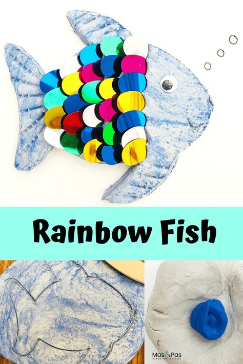 Do you know the Rainbow Fish? This is such a lovely clay fish craft that ties in so well with the much loved book. We just love how pretty the shiny rainbow sequins look as scales on the clay fish’s back. It’s such a beautiful and easy clay fish craft for kids #clayfish #clayfishforkids #clayfishkids #rainbowfish #clayfishdiy Rainbow Fish Craft Kindergarten, Rainbow Fish Playdough, Rainbowfish Art Activity For Kids, Rainbow Fish Book Activities, Rainbow Fish Art Lesson, Rainbow Fish Crafts, Clay Fish, Summertime Crafts, Fun Activities For Toddlers