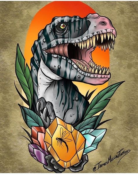 210+ Most Beautiful Dinosaur Tattoos For Men and Women (2022) - TattoosBoyGirl Neotraditional Dinosaur Tattoo, Dinosaur Neotraditional, Neo Traditional Dinosaur Tattoo, Clever Girl Tattoo, Traditional Dinosaur Tattoo, Jurassic Park Tattoo, T Rex Tattoo, Dinosaur Tattoo, Neo Trad Tattoo