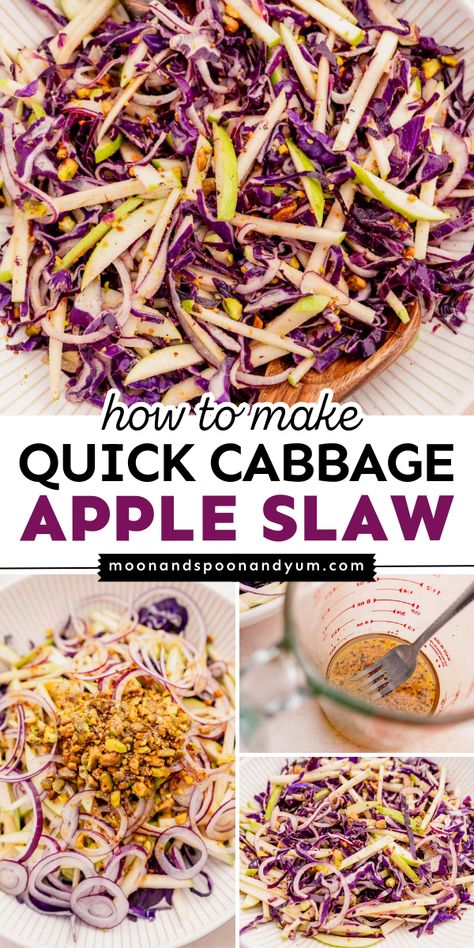 This Labor Day party food idea is a healthy alternative to the classic coleslaw recipe! This apple cabbage slaw is gluten-free, vegan, and vegetarian. Crisp with sweet and tangy flavors, this Quick Cabbage Apple Slaw is one of the best summer BBQ side dishes! Apple Slaw No Mayo, Purple Cabbage Slaw For Pulled Pork, Cabbage And Apple Salad Recipes, Apple Cider Coleslaw Slaw Recipes, Cabbage And Apple Slaw, Cabbage Apple Salad Recipes, Labor Day Food Ideas Side Dishes, Healthy Cabbage Slaw, Cabbage Coleslaw Recipe