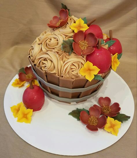 Apple bushel basket giant cupcake in caramel apple flavor with apple shaped cake balls and fondant blossoms Shower 2023, Apple Tree Flowers, Basket Cake, Bushel Baskets, Giant Cupcake, Apple Baskets, Cake Decorating Piping, Shaped Cake, Giant Cupcakes