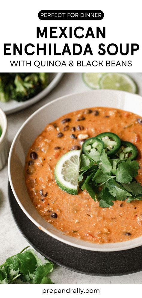 Warm up with a bowl of flavorful Mexican Quinoa Black Bean Enchilada Soup! Packed with protein-rich quinoa, fiber-filled black beans, and veggies, it's a healthy and satisfying option for any meal. Customize with your favorite toppings for a delicious twist! Black Bean Quinoa Bowl, Black Beans And Quinoa, Quinoa And Black Beans, Beans And Quinoa, Veggie Enchiladas, Mexican Quinoa, Black Bean Enchiladas, Quinoa Soup, Black Bean Quinoa